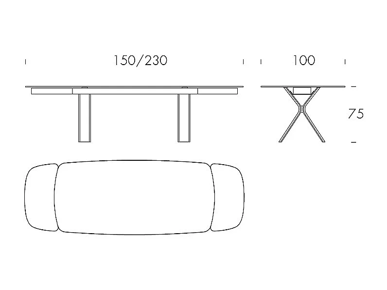 Table extensible en travertin - base en noyer canaletto, rail en aluminium peint gris charbon, canon à bord régulier, grès travertin beige