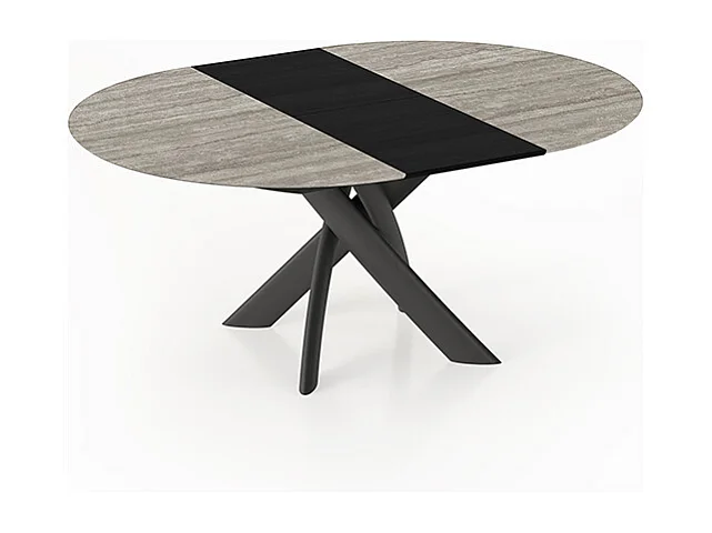 Table ronde ronde style en céramique ronde extensible Cabone Base grise et plateau en grès travertin argenté Ø 140/190 x 140