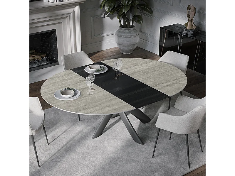 Table ronde ronde style en céramique ronde extensible Cabone Base grise et plateau en grès travertin argenté Ø 140/190 x 140