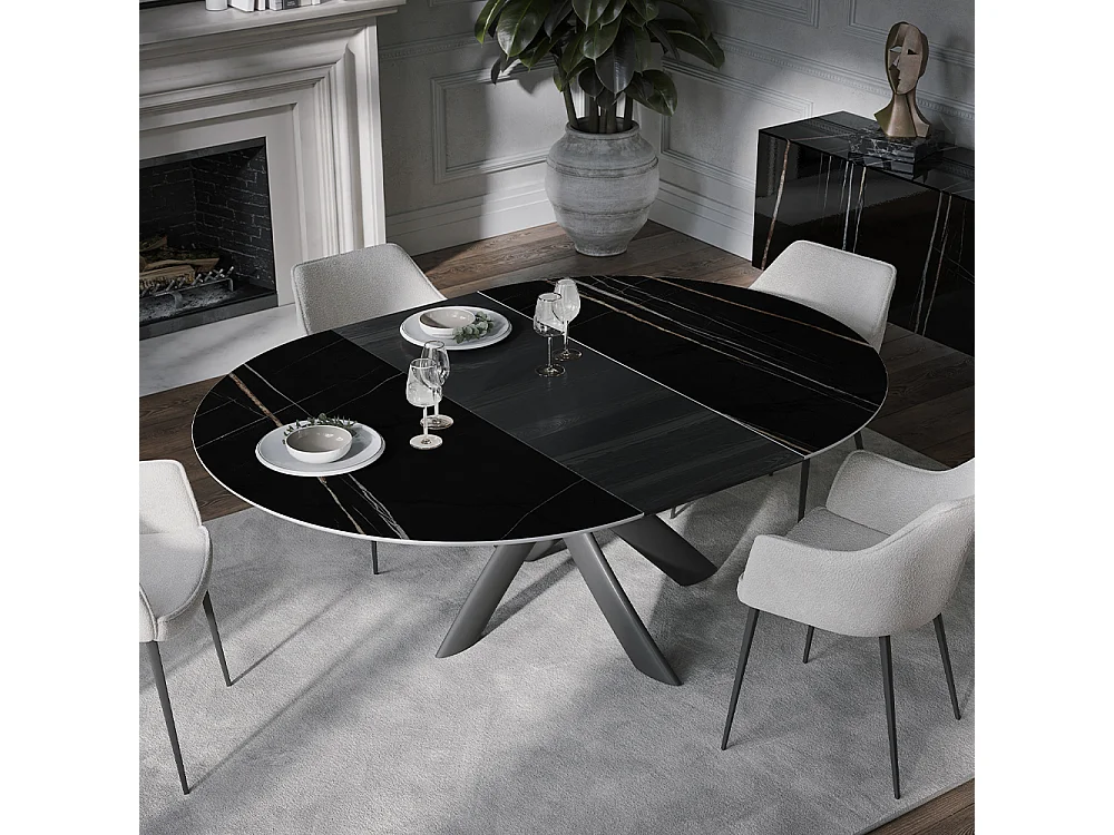 Table ronde Style en céramique ronde extensible Cabone Base grise et plateau brillant en grès Saphir Noir Extensions en frêne noir Ø 140/190 x 140
