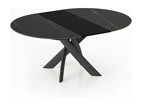 Table ronde Style en céramique ronde extensible Cabone Base grise et plateau brillant en grès Saphir Noir Extensions en frêne noir Ø 140/190 x 140