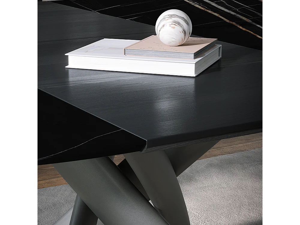 Table ronde Style en céramique ronde extensible Cabone Base grise et plateau brillant en grès Saphir Noir Extensions en frêne noir Ø 140/190 x 140