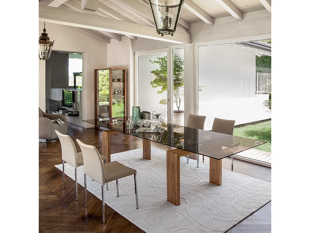 Table extensible en verre Brooklyn - Canaletto Base en noyer Rail en aluminium Peint en gris charbon Rectangulaire Rectangulaire Verre en bronze