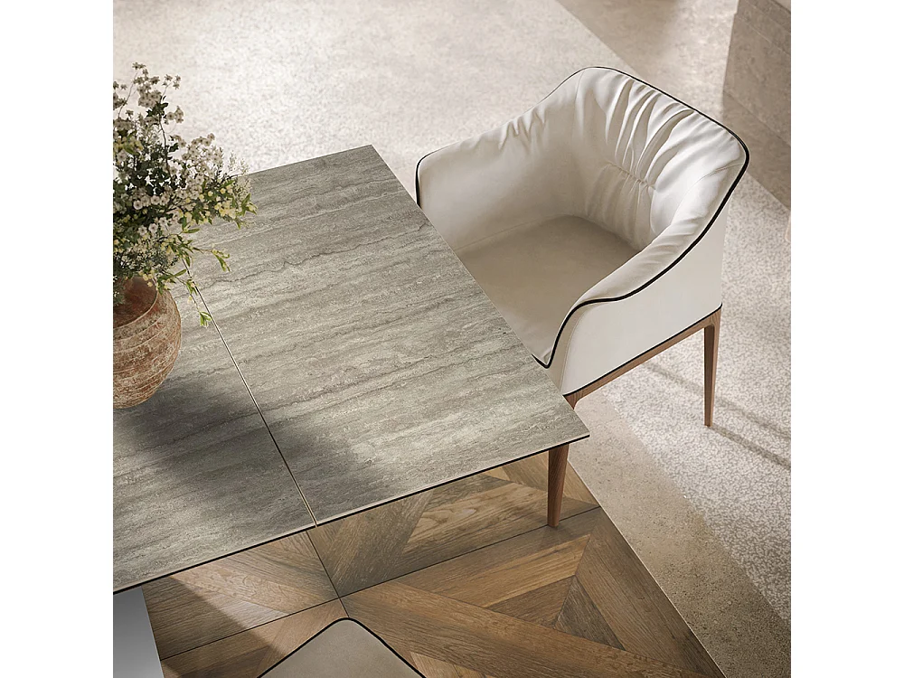 Table travertin extensible Brooklyn - Base blanche mat Aluminium peint aluminium Rectangulaire Rectangulaire Trancier blanc Traitin blanc