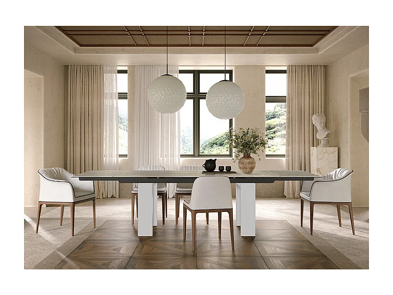 Table travertin extensible Brooklyn - Base blanche mat Aluminium peint aluminium Rectangulaire Rectangulaire Trancier blanc Traitin blanc