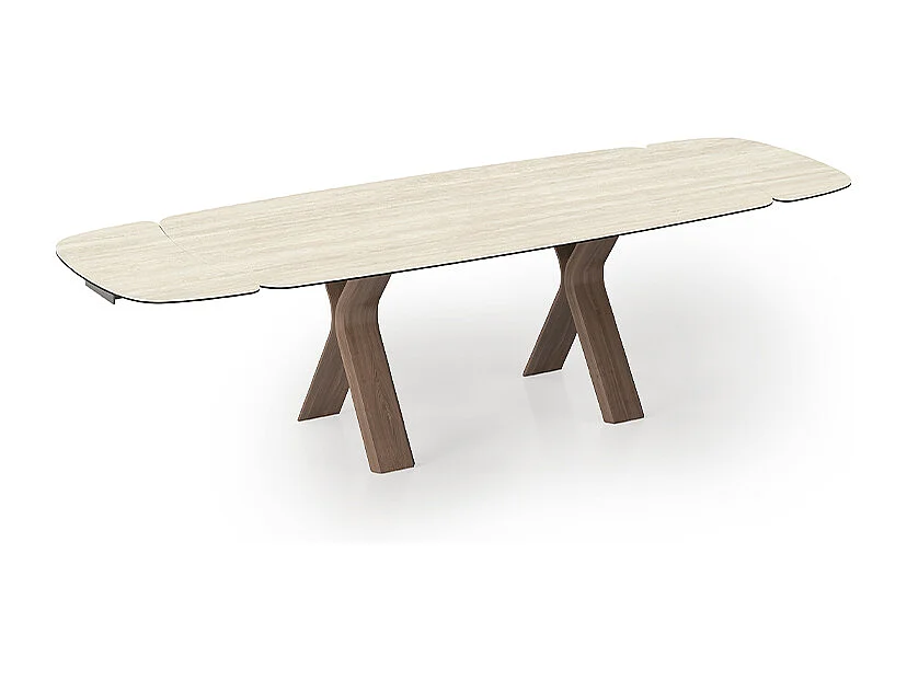 Table alambique extensible en travertin - base en noyer Canaletto, rail en aluminium peint gris charbon, canon à bord régulier, grès travertin blanc