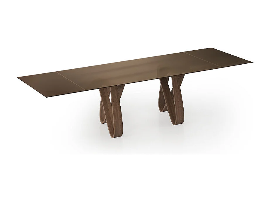 Table extensible en verre papillon - base en noyer Canaletto, rail en aluminium peint gris anthracite, rectangulaire avec bord régulier, verre bronze