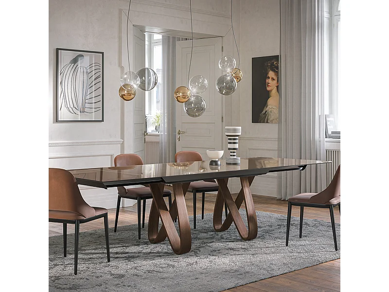 Table extensible en verre papillon - base en noyer Canaletto, rail en aluminium peint gris anthracite, rectangulaire avec bord régulier, verre bronze