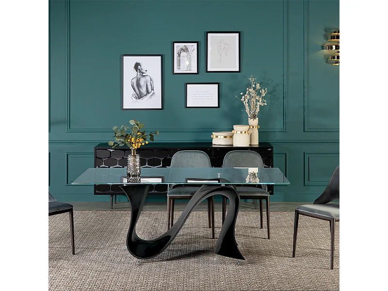 Table à vagues fixe, verre noir brillant, rectangle régulier, verre trempé transparent 180 x 90 épaisseur 12 mm