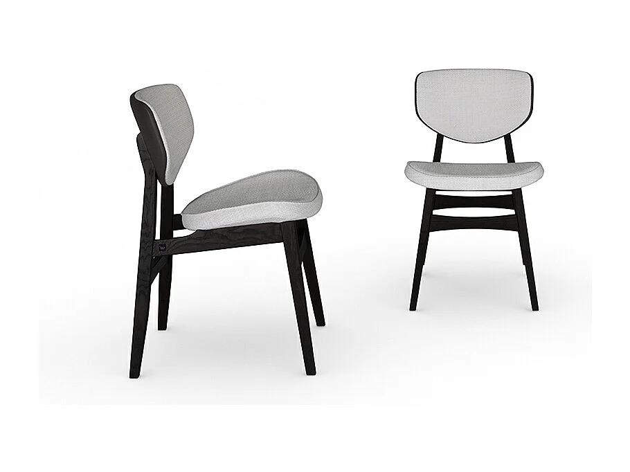 Chaise Zoe - Structure en frêne noir, tissu beige blanc flora, cuir gris, version 05, plis assortis