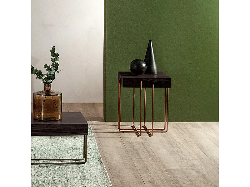 Cruz salontafel - donker eikenhout blad, gepolijst koper geschilderd