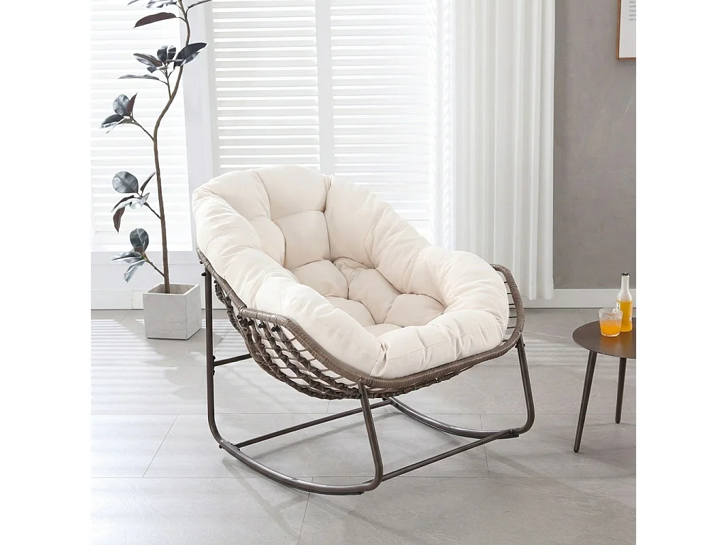 Fauteuil à bascule extérieur blanc, grand fauteuil œuf en osier pour jardin, avec coussin épais, moderne salon de détente