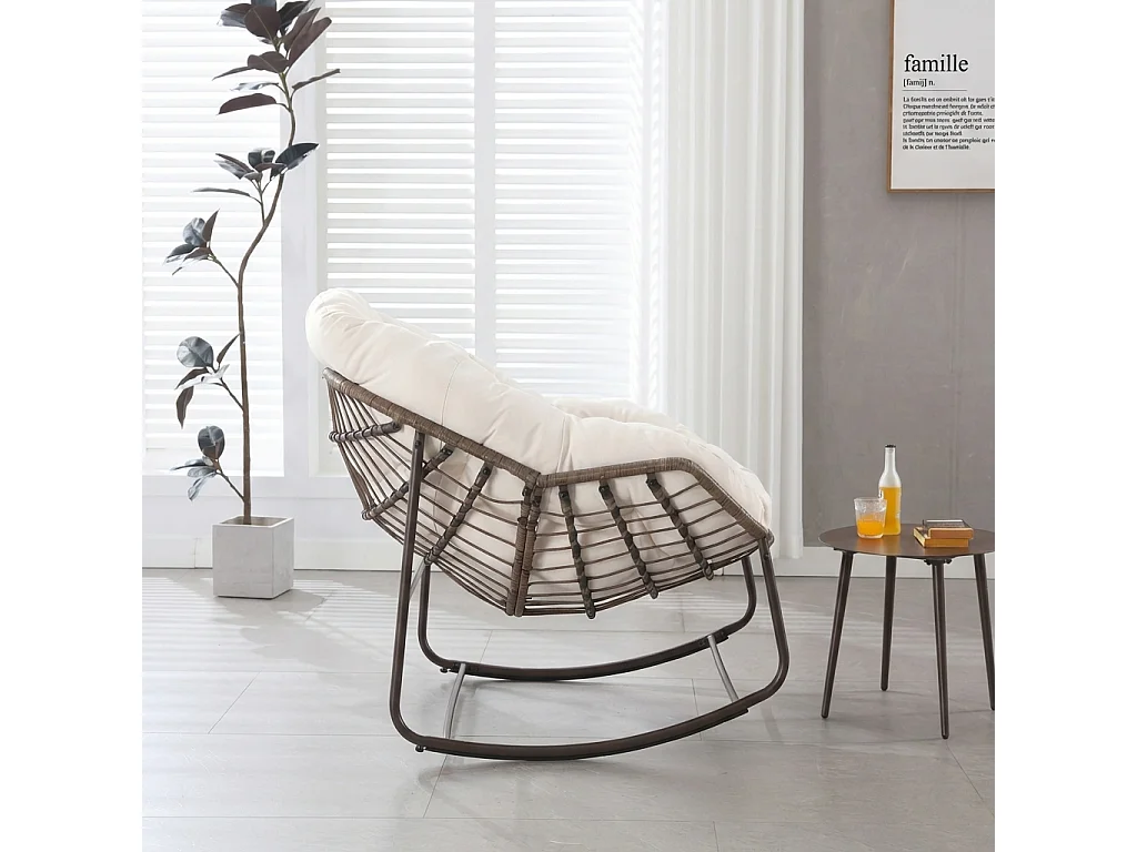 Fauteuil à bascule extérieur blanc, grand fauteuil œuf en osier pour jardin, avec coussin épais, moderne salon de détente