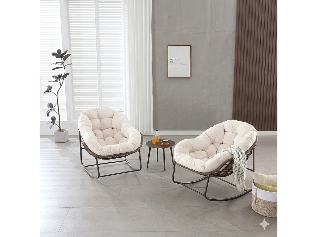 Fauteuil à bascule extérieur blanc, grand fauteuil œuf en osier pour jardin, avec coussin épais, moderne salon de détente