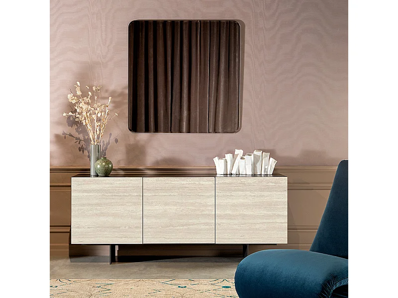 Fond de buffet Ophelia à 3 portes en travertin gris charbon et blanc