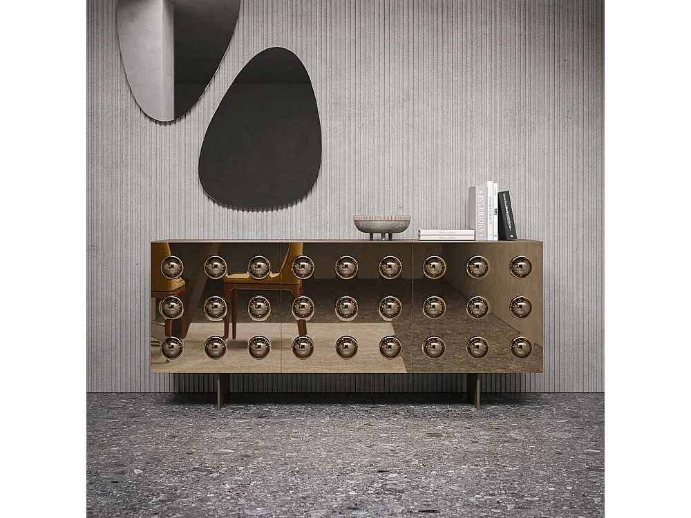 Buffet en pierre 3 portes avec base gris charbon et portes miroir bronzées