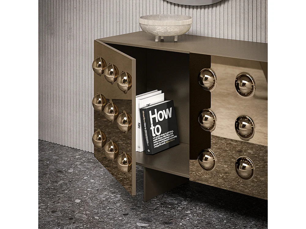 Buffet en pierre 3 portes avec base gris charbon et portes miroir bronzées