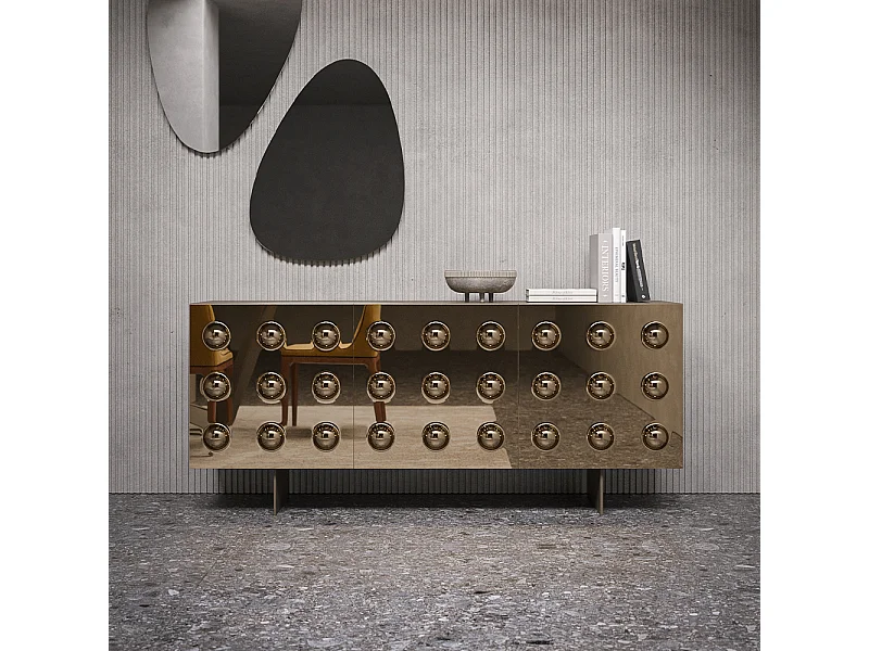 Buffet en pierre 3 portes avec base gris charbon et portes miroir bronzées