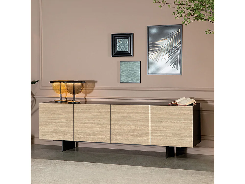 Base de buffet Ophelia à 4 portes gris charbon et portes en travertin beige