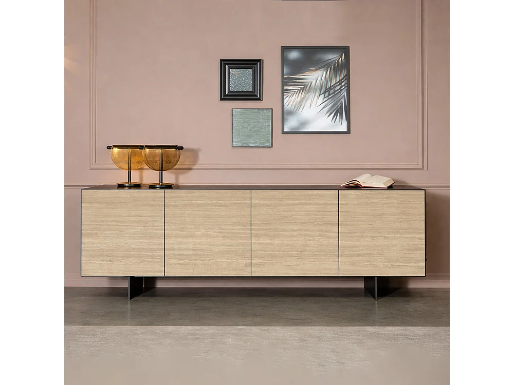 Base de buffet Ophelia à 4 portes gris charbon et portes en travertin beige