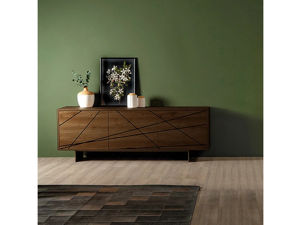 Buffet Maya à 3 portes, base métallique couleur bronze et finition noyer Canalletto, étagères intérieures en verre extra-transparent