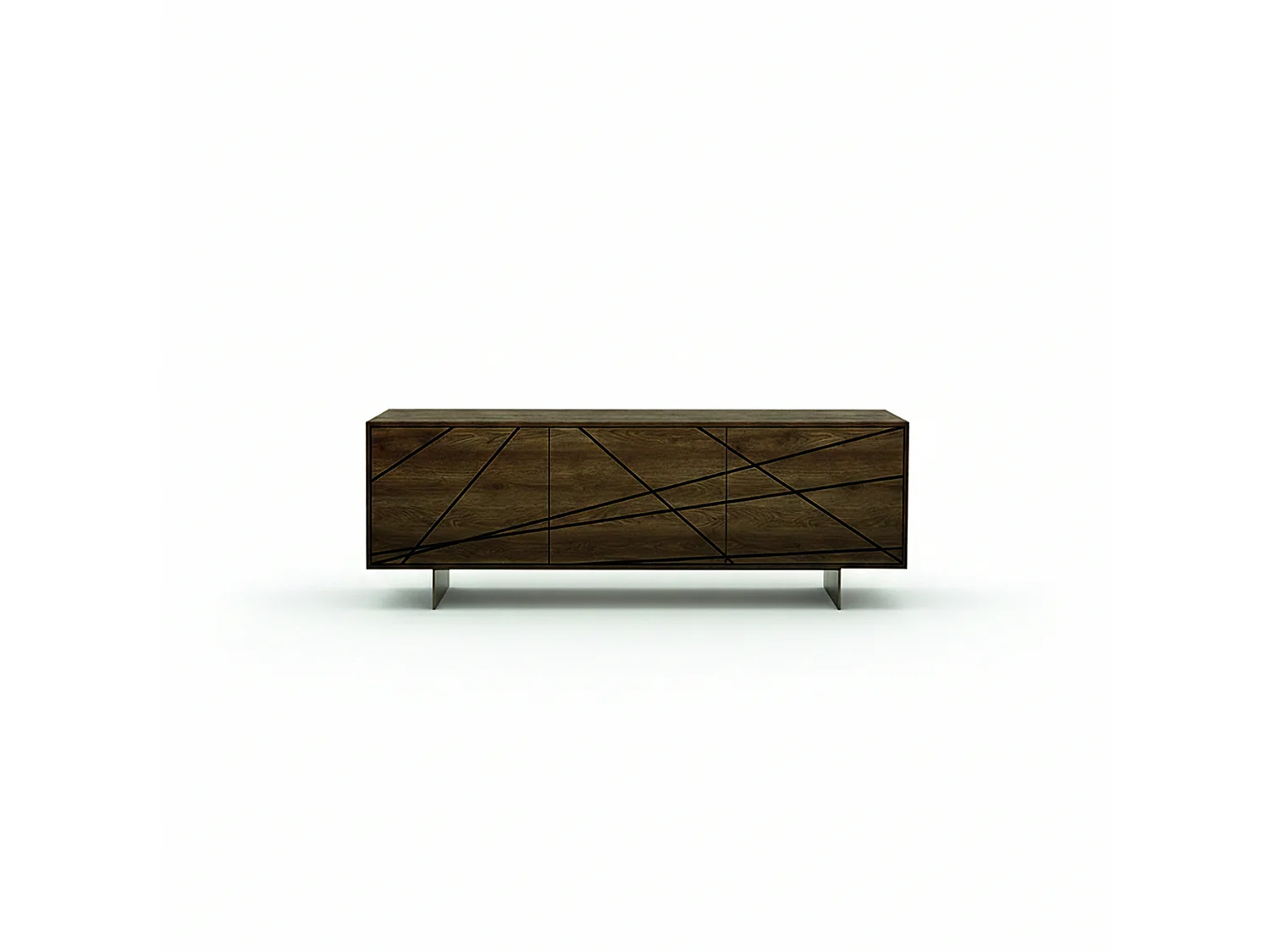 Buffet Maya à 3 portes, base métallique couleur bronze et finition noyer Canalletto, étagères intérieures en verre extra-transparent