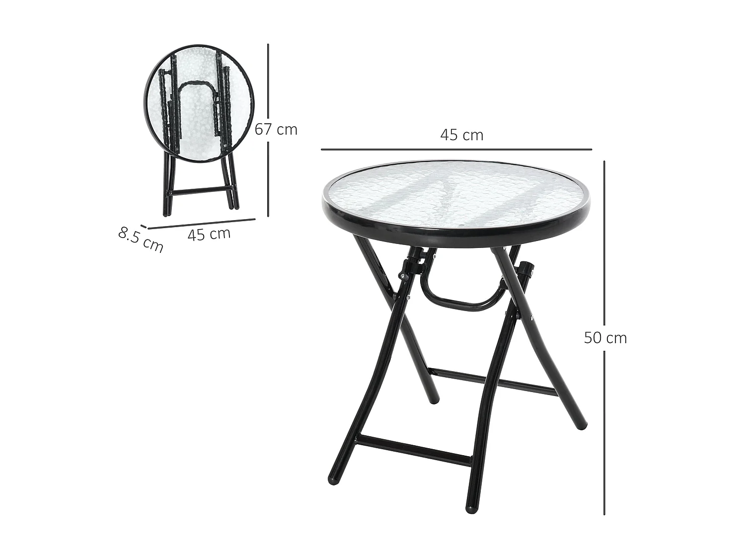 Table de jardin ronde noire, pliante, table d’appoint en métal avec plateau en verre, Ø45 cm