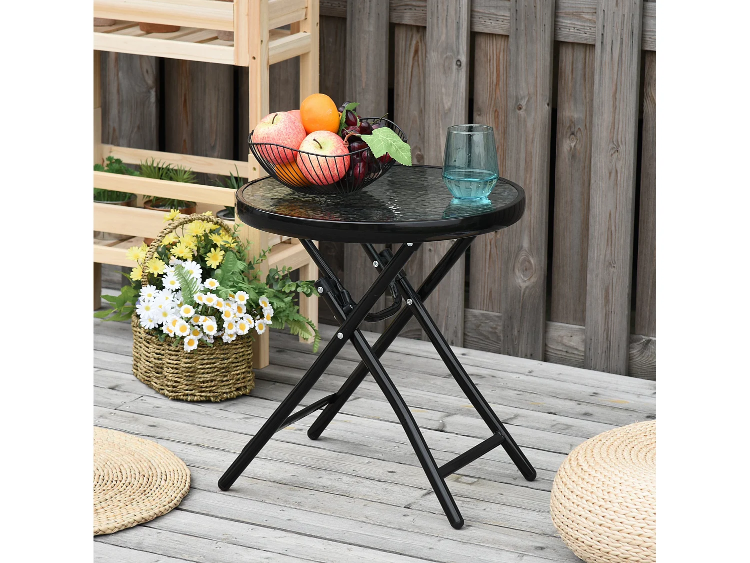 Table de jardin ronde noire, pliante, table d’appoint en métal avec plateau en verre, Ø45 cm