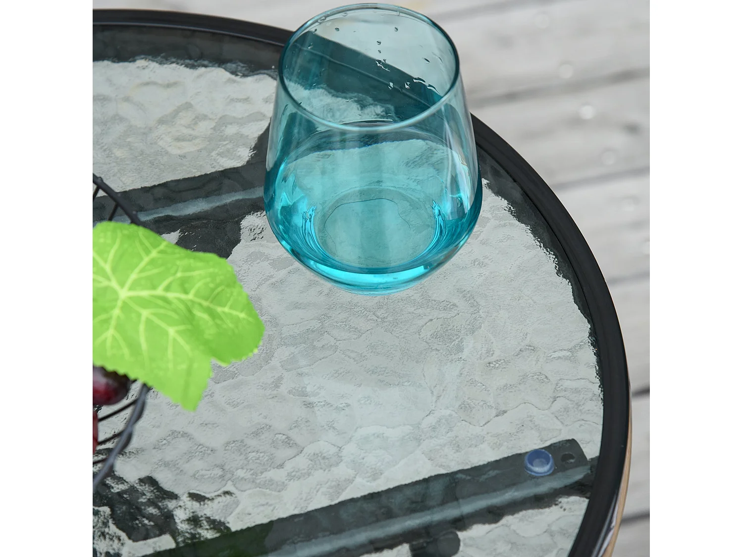 Table de jardin ronde noire, pliante, table d’appoint en métal avec plateau en verre, Ø45 cm