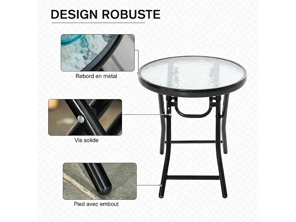 Table de jardin ronde noire, pliante, table d’appoint en métal avec plateau en verre, Ø45 cm