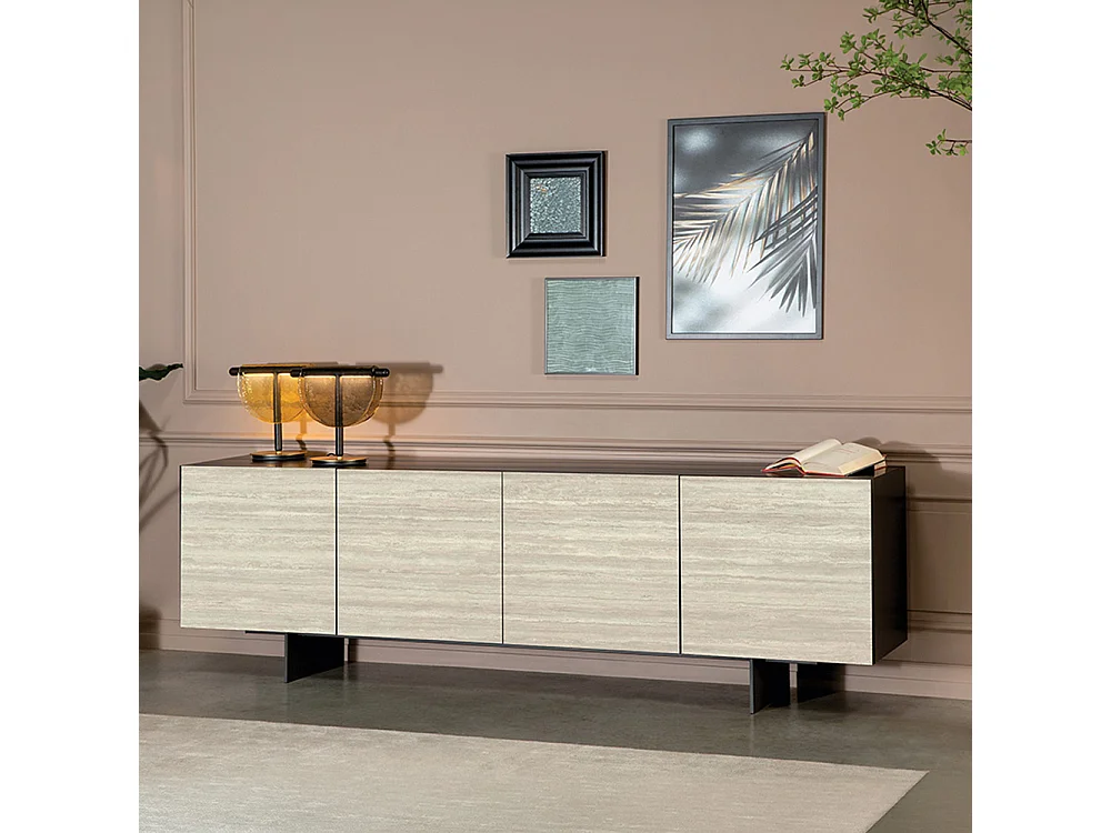 Base de buffet Ophelia à 4 portes en travertin gris charbon et blanc