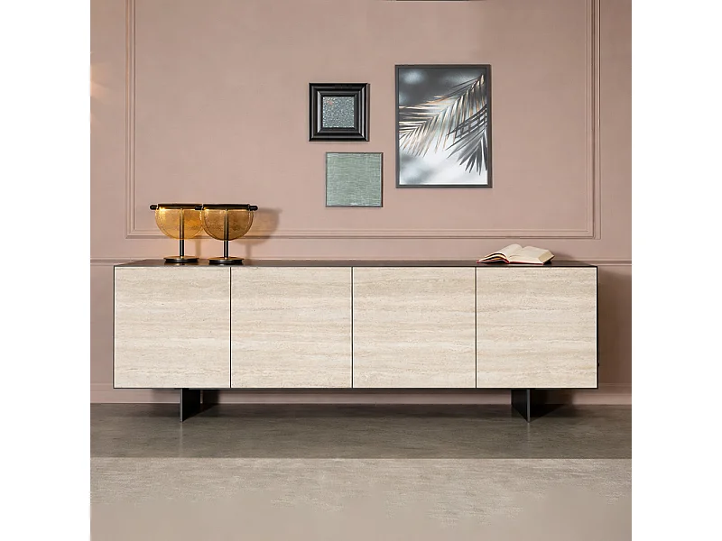 Base de buffet Ophelia à 4 portes en travertin gris charbon et blanc