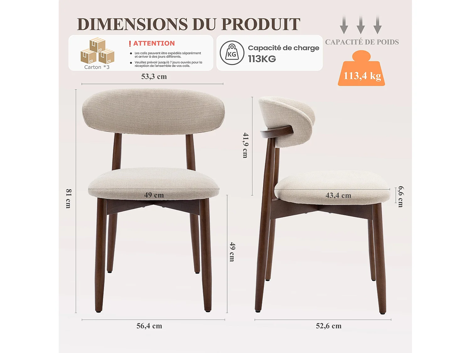 Lot de 6 chaises de salle à manger beige SMARTUE – Pieds en bois massif, dossier incurvé, assise en tissu