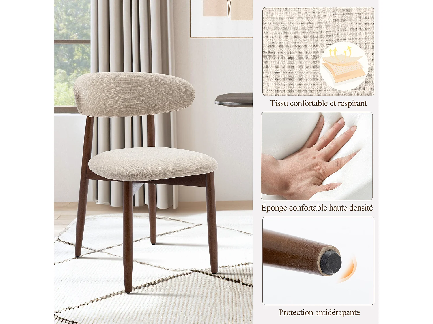 Lot de 6 chaises de salle à manger beige SMARTUE – Pieds en bois massif, dossier incurvé, assise en tissu