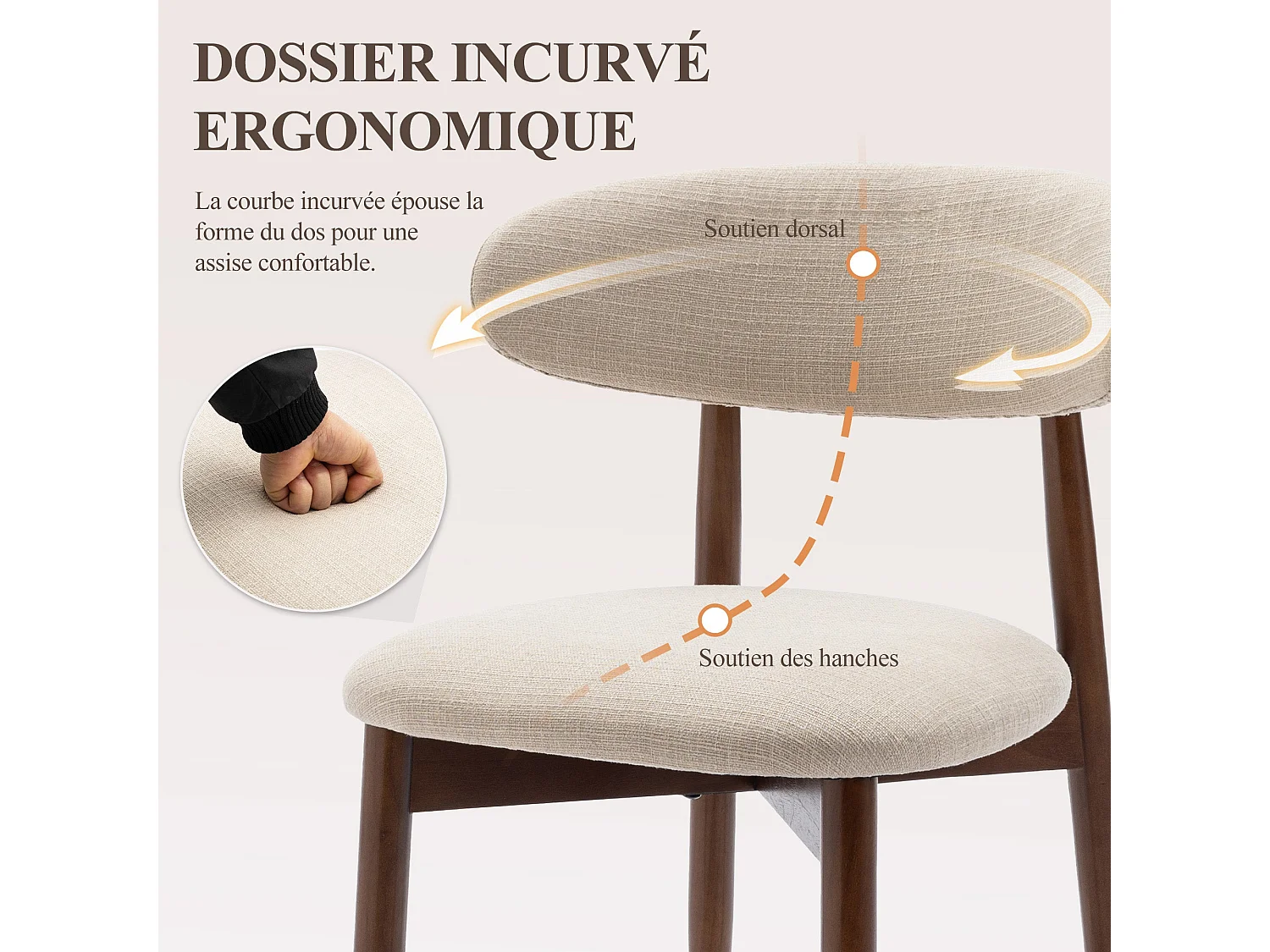 Lot de 6 chaises de salle à manger beige SMARTUE – Pieds en bois massif, dossier incurvé, assise en tissu