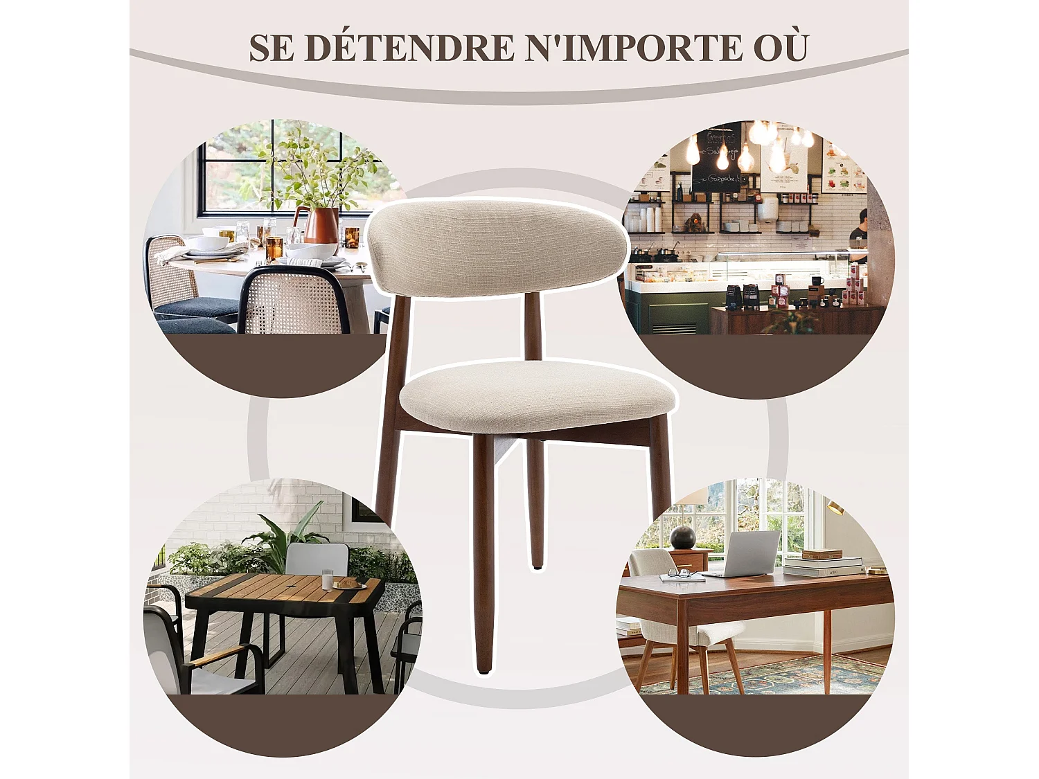 Lot de 6 chaises de salle à manger beige SMARTUE – Pieds en bois massif, dossier incurvé, assise en tissu