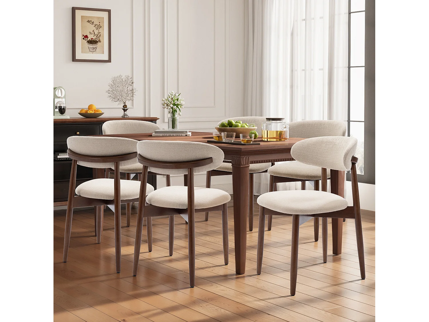 Lot de 6 chaises de salle à manger beige SMARTUE – Pieds en bois massif, dossier incurvé, assise en tissu