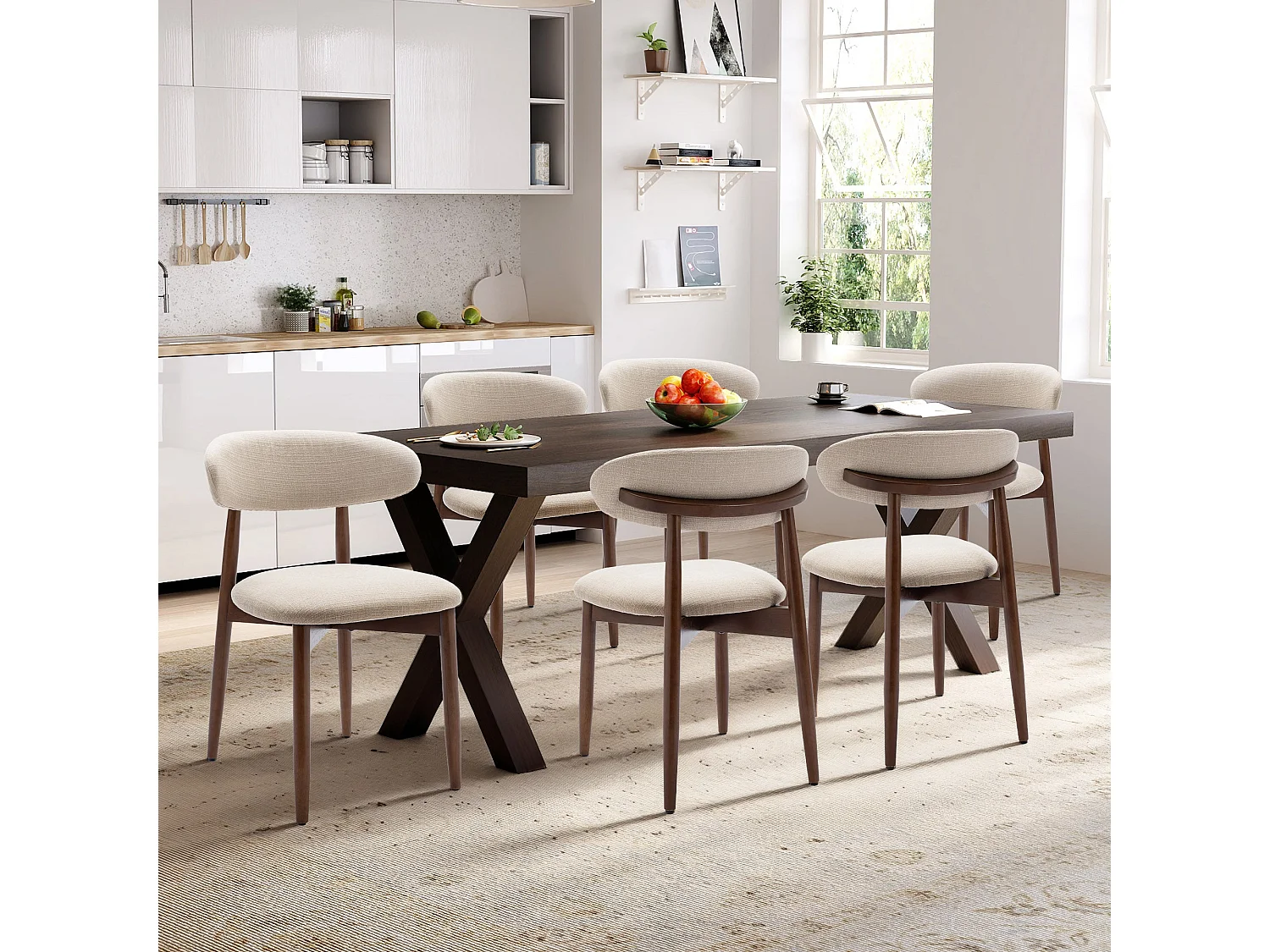 Lot de 6 chaises de salle à manger beige SMARTUE – Pieds en bois massif, dossier incurvé, assise en tissu