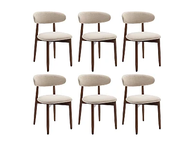 Lot de 6 chaises de salle à manger beige - Pieds en bois massif, dossier incurvé, assise en tissu