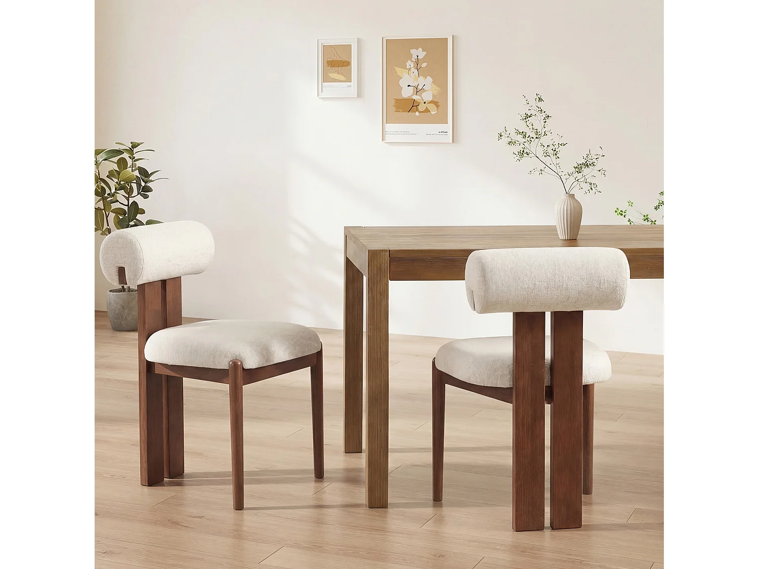Lot de 2 chaises de salle à manger modernes, dossier cylindrique, cadre en bois, pieds noyer foncé, Beige