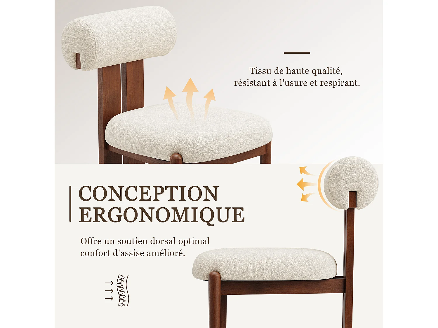 Lot de 2 chaises de salle à manger modernes, dossier cylindrique, cadre en bois, pieds noyer foncé, Beige