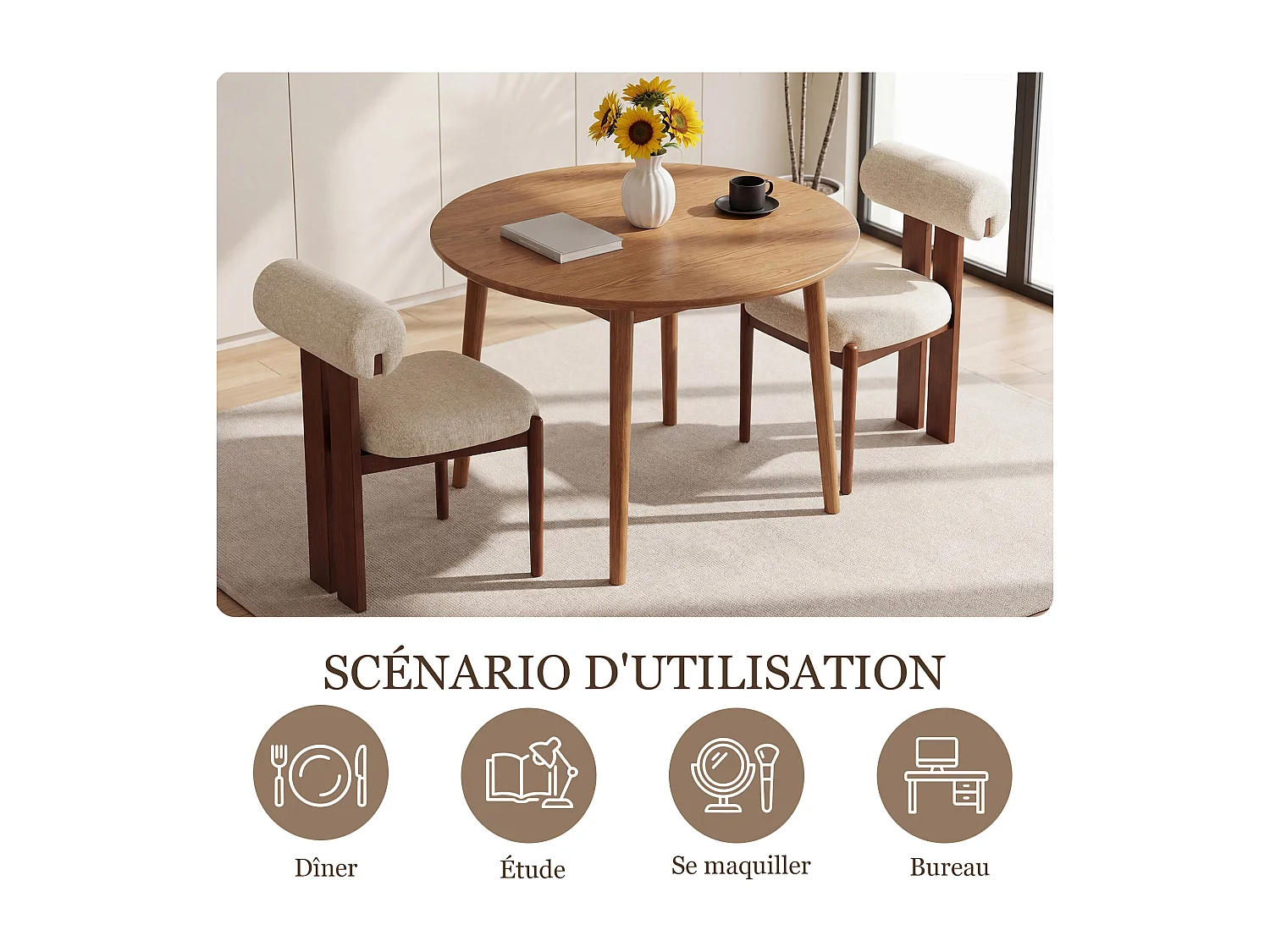 Lot de 2 chaises de salle à manger modernes, dossier cylindrique, cadre en bois, pieds noyer foncé, Beige