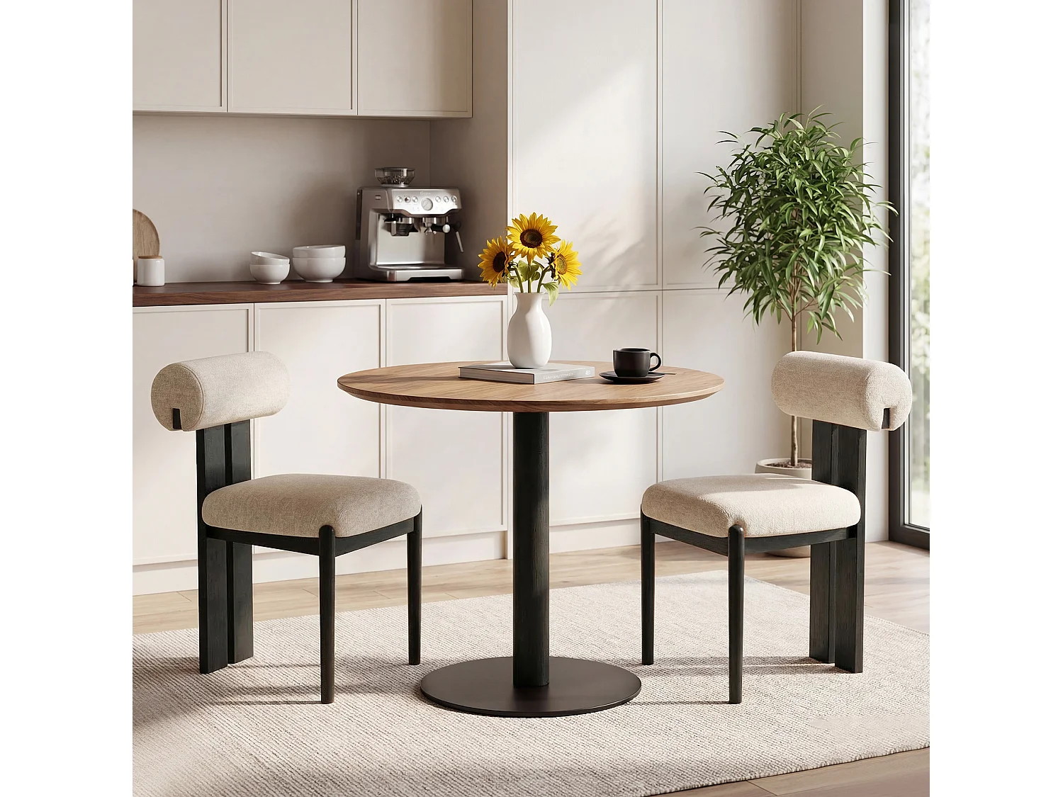 Lot de 2 chaises de salle à manger modernes, dossier cylindrique, cadre en bois, pieds bois noir, Beige