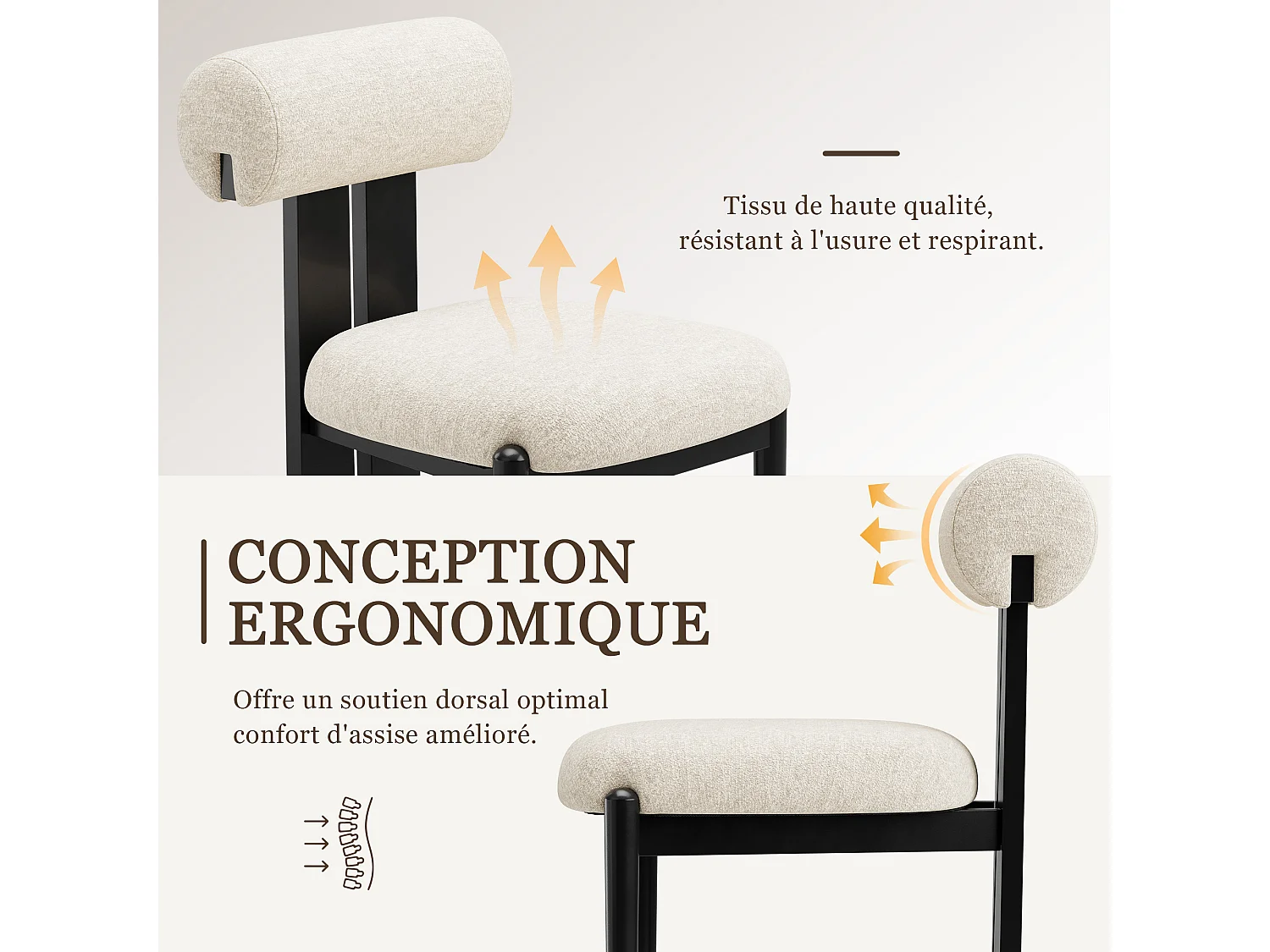 Lot de 2 chaises de salle à manger modernes, dossier cylindrique, cadre en bois, pieds bois noir, Beige