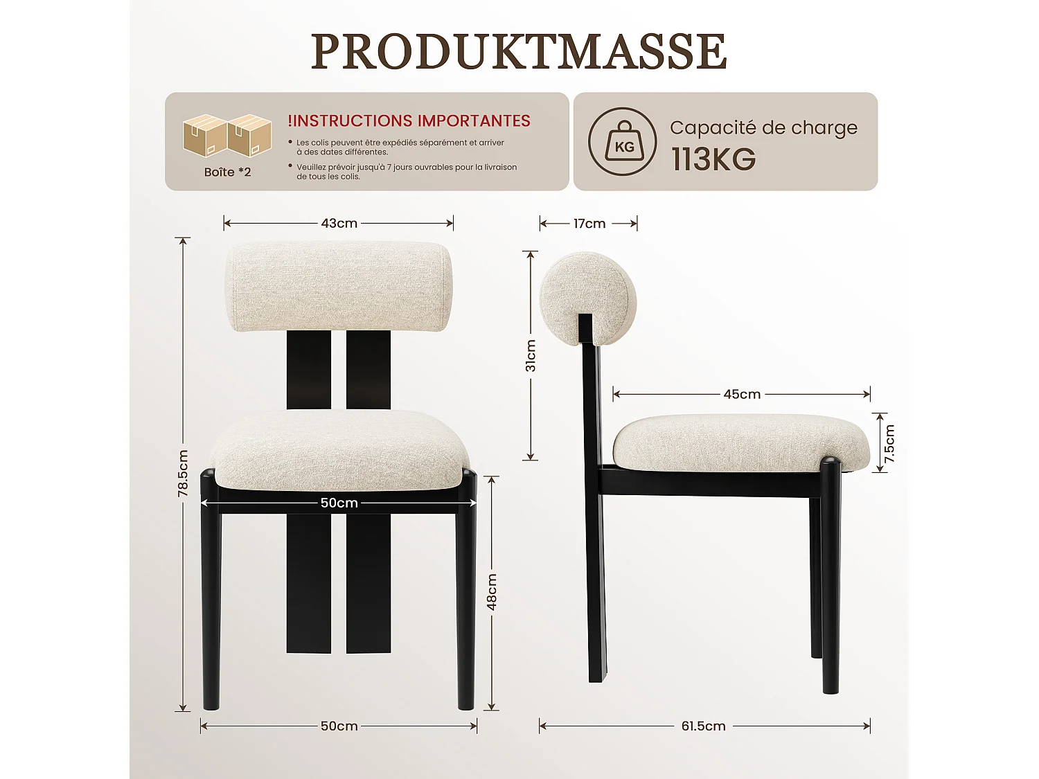 Lot de 2 chaises de salle à manger modernes, dossier cylindrique, cadre en bois, pieds bois noir, Beige