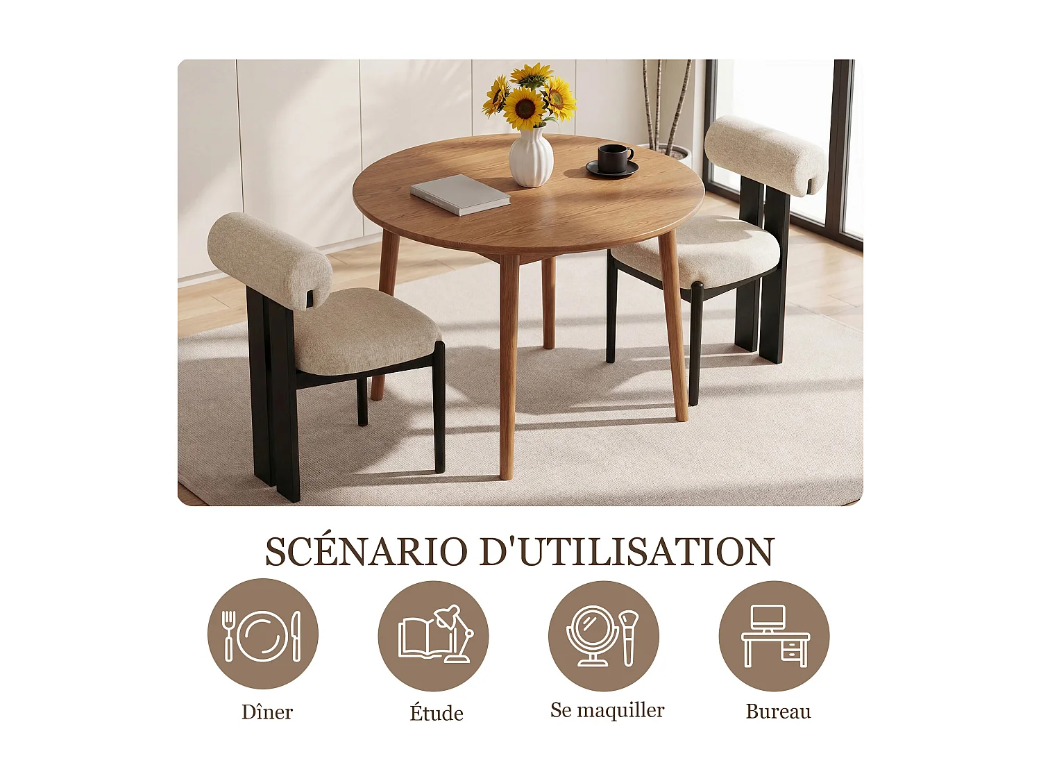 Lot de 2 chaises de salle à manger modernes, dossier cylindrique, cadre en bois, pieds bois noir, Beige