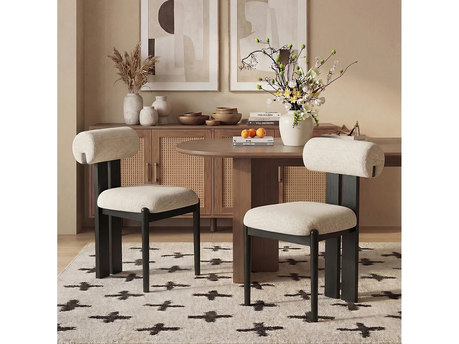 Lot de 2 chaises de salle à manger modernes, dossier cylindrique, cadre en bois, pieds bois noir, Beige