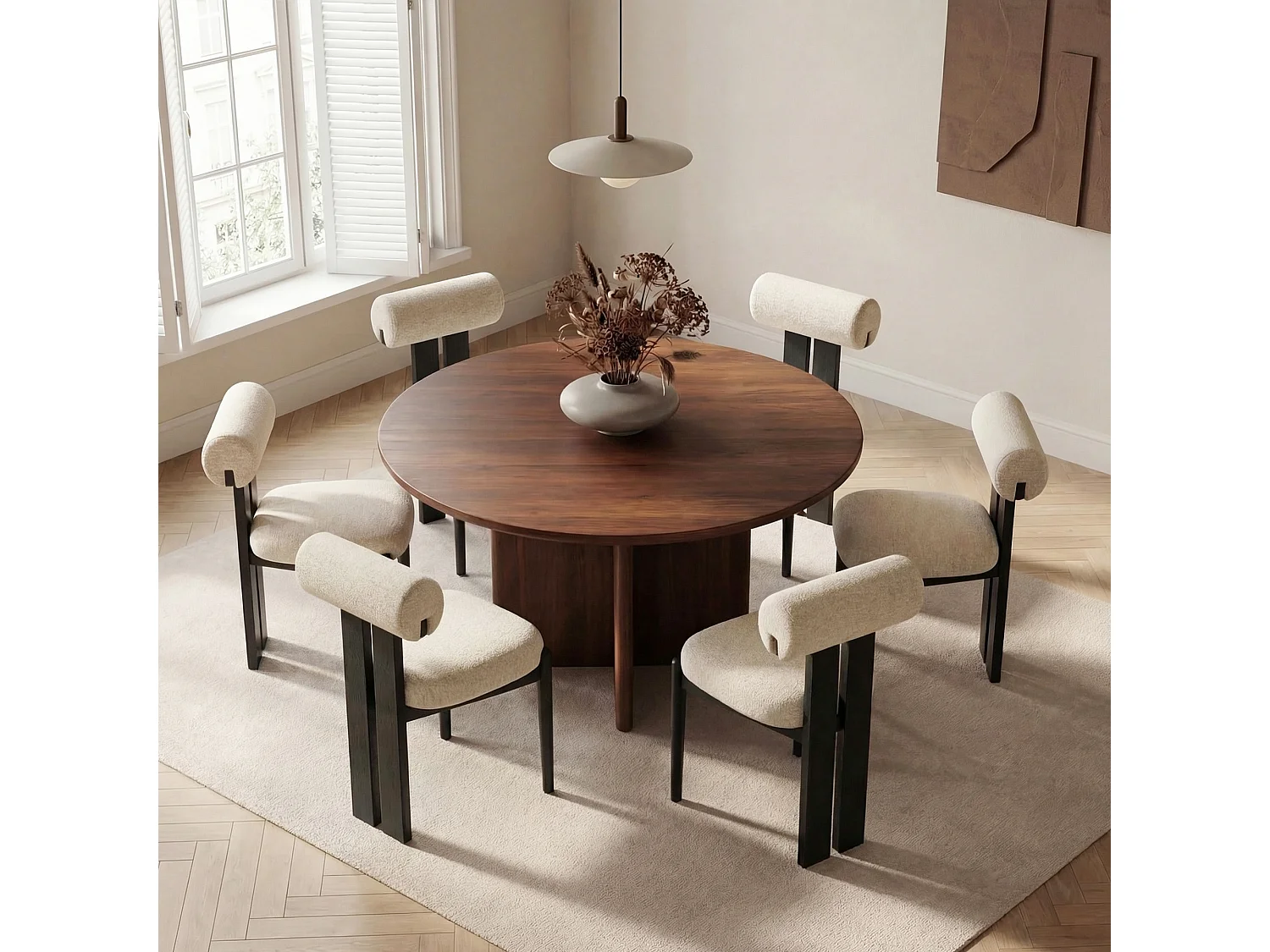 Lot de 2 chaises de salle à manger modernes, dossier cylindrique, cadre en bois, pieds bois noir, Beige