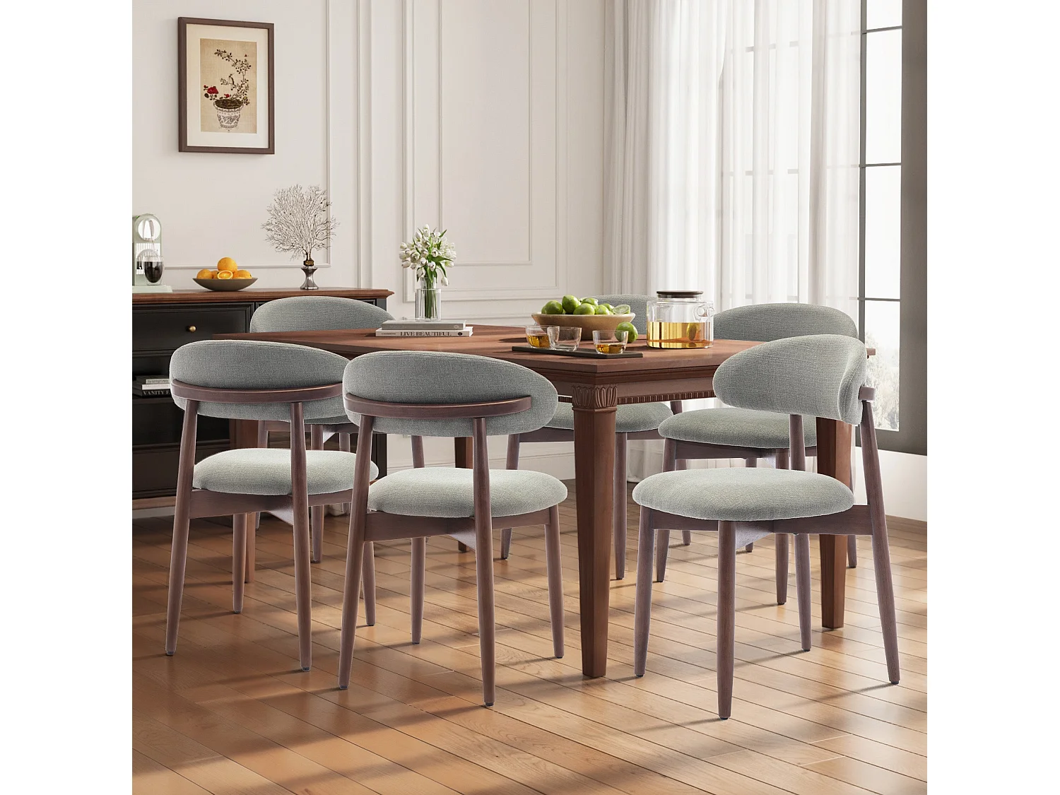 Lot de 6 chaises de salle à manger vert clair SMARTUE – Pieds en bois massif, dossier incurvé, assise en tissu