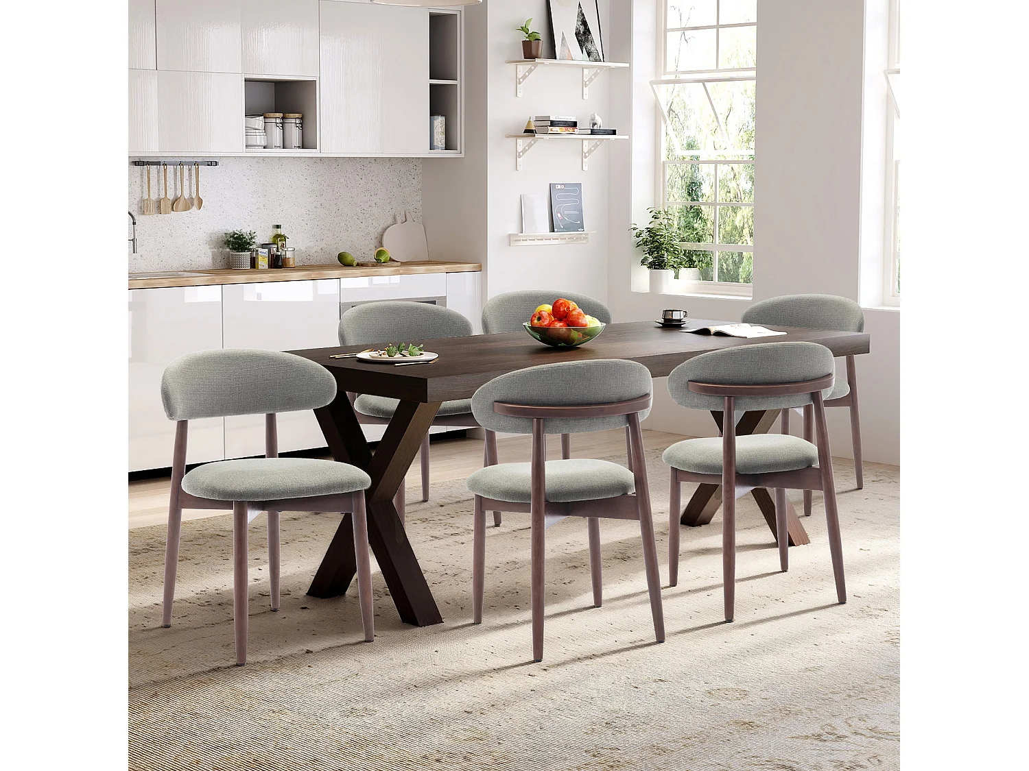 Lot de 6 chaises de salle à manger vert clair SMARTUE – Pieds en bois massif, dossier incurvé, assise en tissu